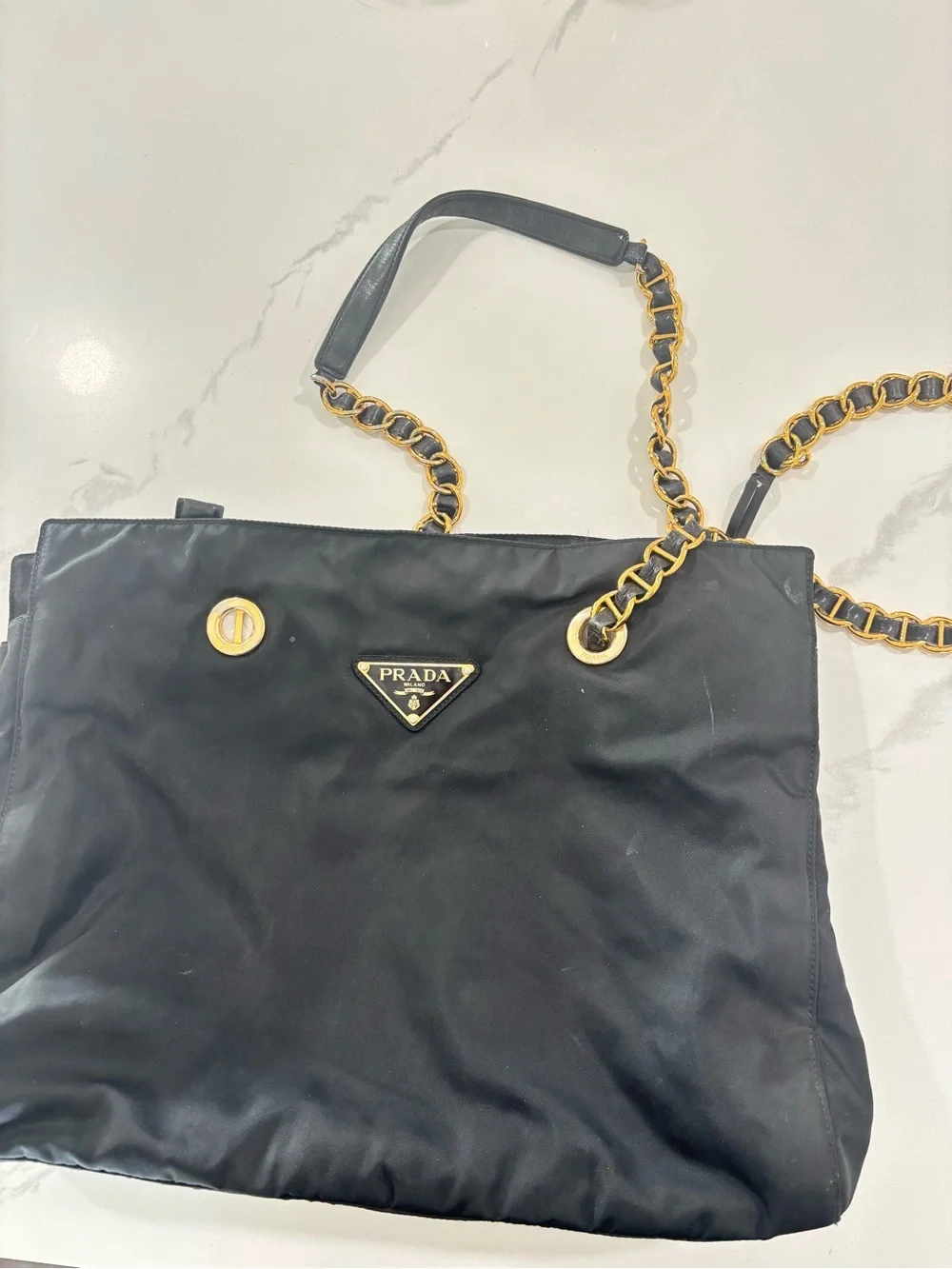 Authentic Prada Black Nylon Shoulder Bag with Gold Chain Straps - Picture 6 of 7